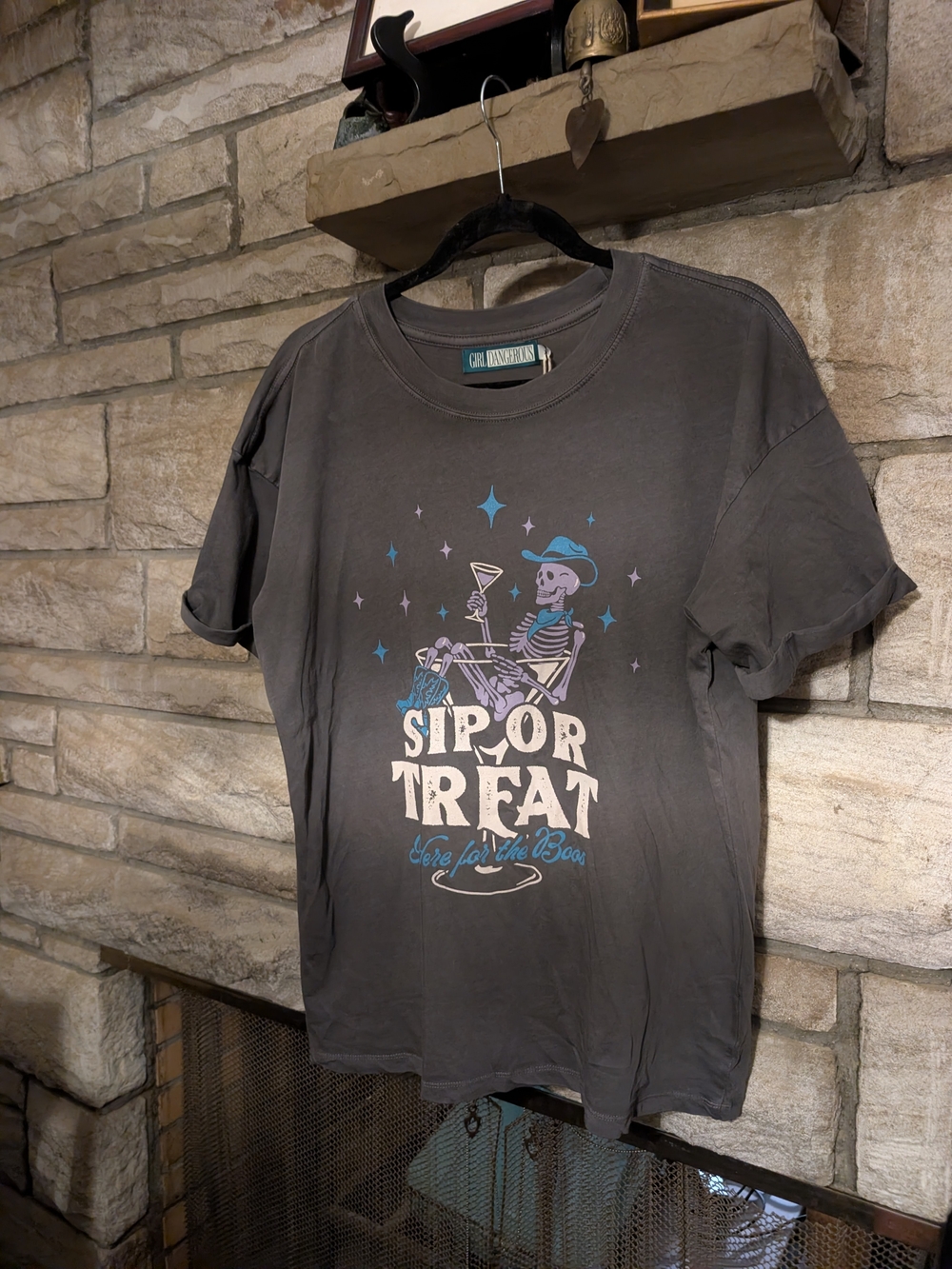 Sip or Treat Here For The Boos Graphic Tee - Charcoal Skeleton Design, M